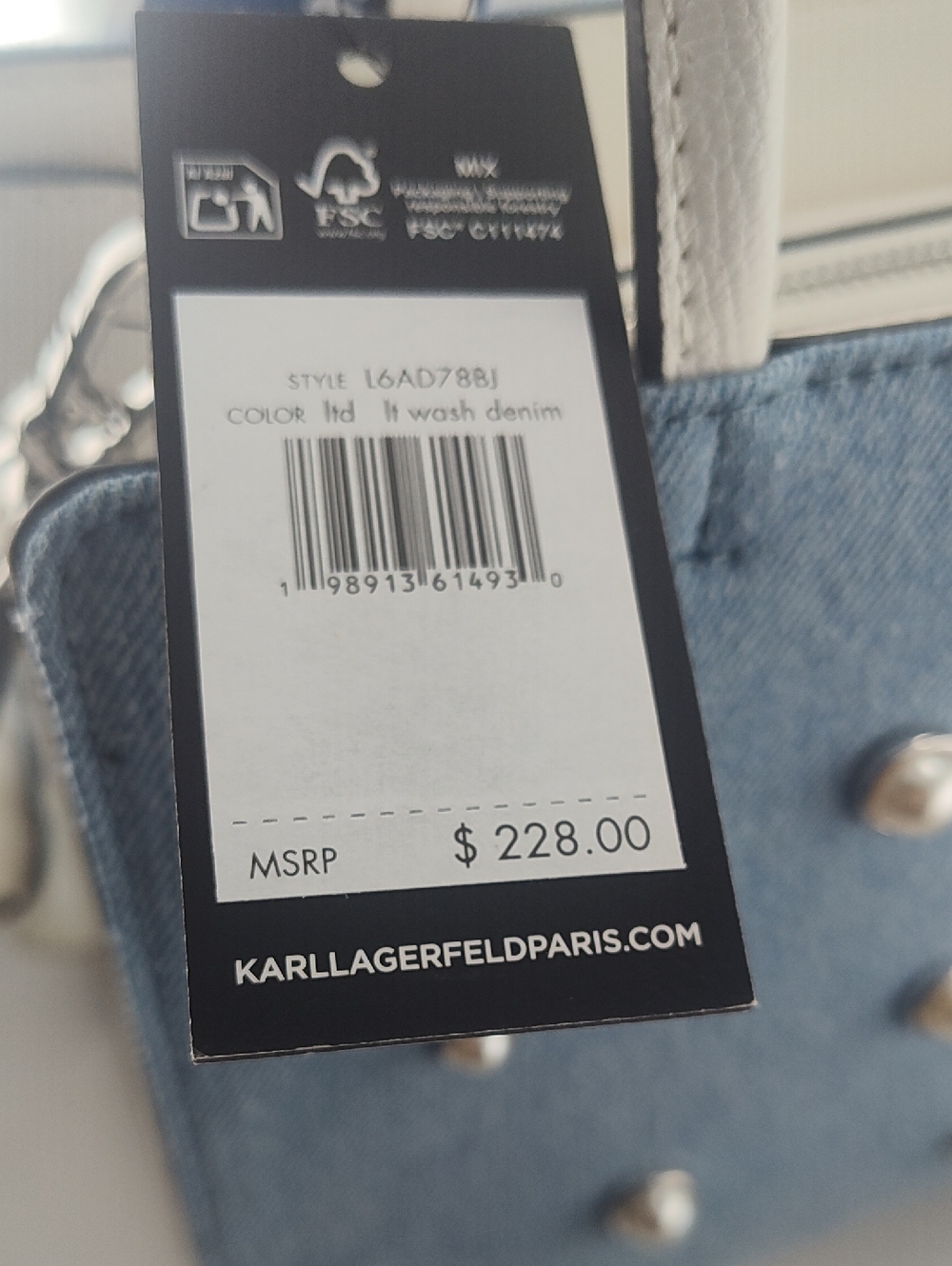 Karl Lagerfeld Denim and Leather tote bag Pearl Embellished Light Blue NWT $228 - Picture 3 of 15